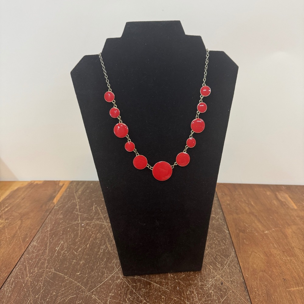 Red Statement Necklace Gold Tone Chain Bib Circle‎ Disc Fashion Jewelry